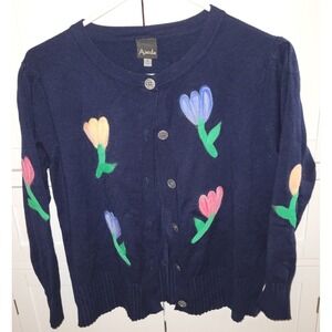 Aaeda Navy Blue Floral Tulip Felted Button Front Cardigan Sweater Womens Medium
